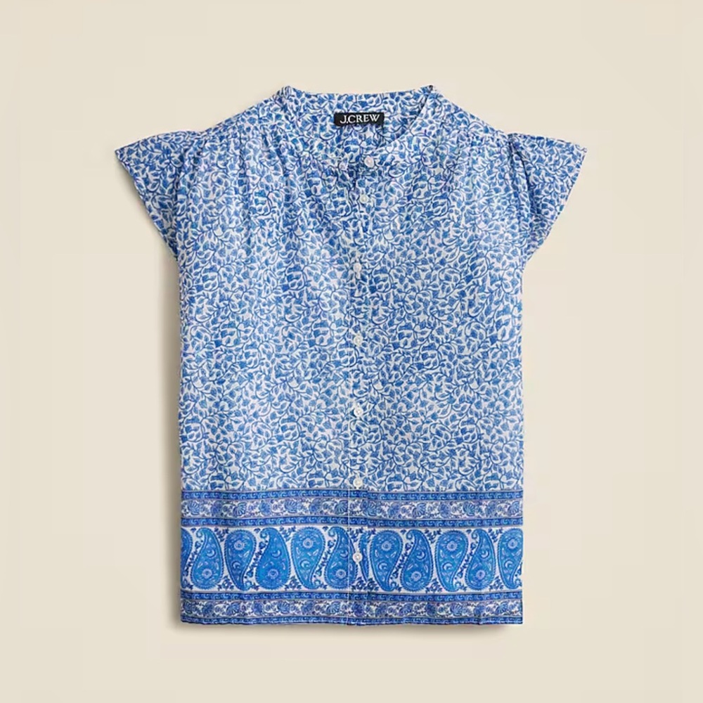 J.Crew Flutter-sleeve button-up shirt in bandana block print